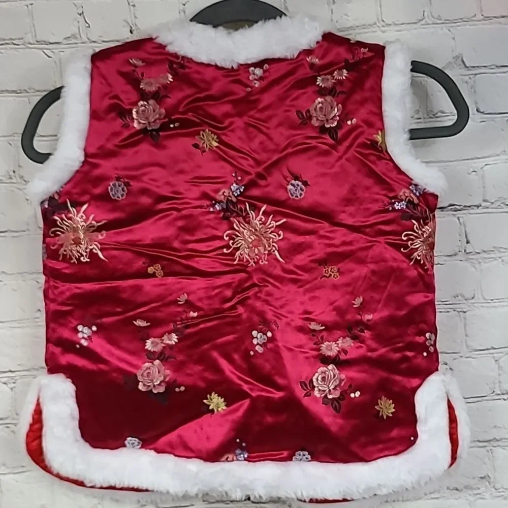 Chinese New Year Brocade Vest Kids 10 Red Satin Faux Fur Lunar Festival Unisex